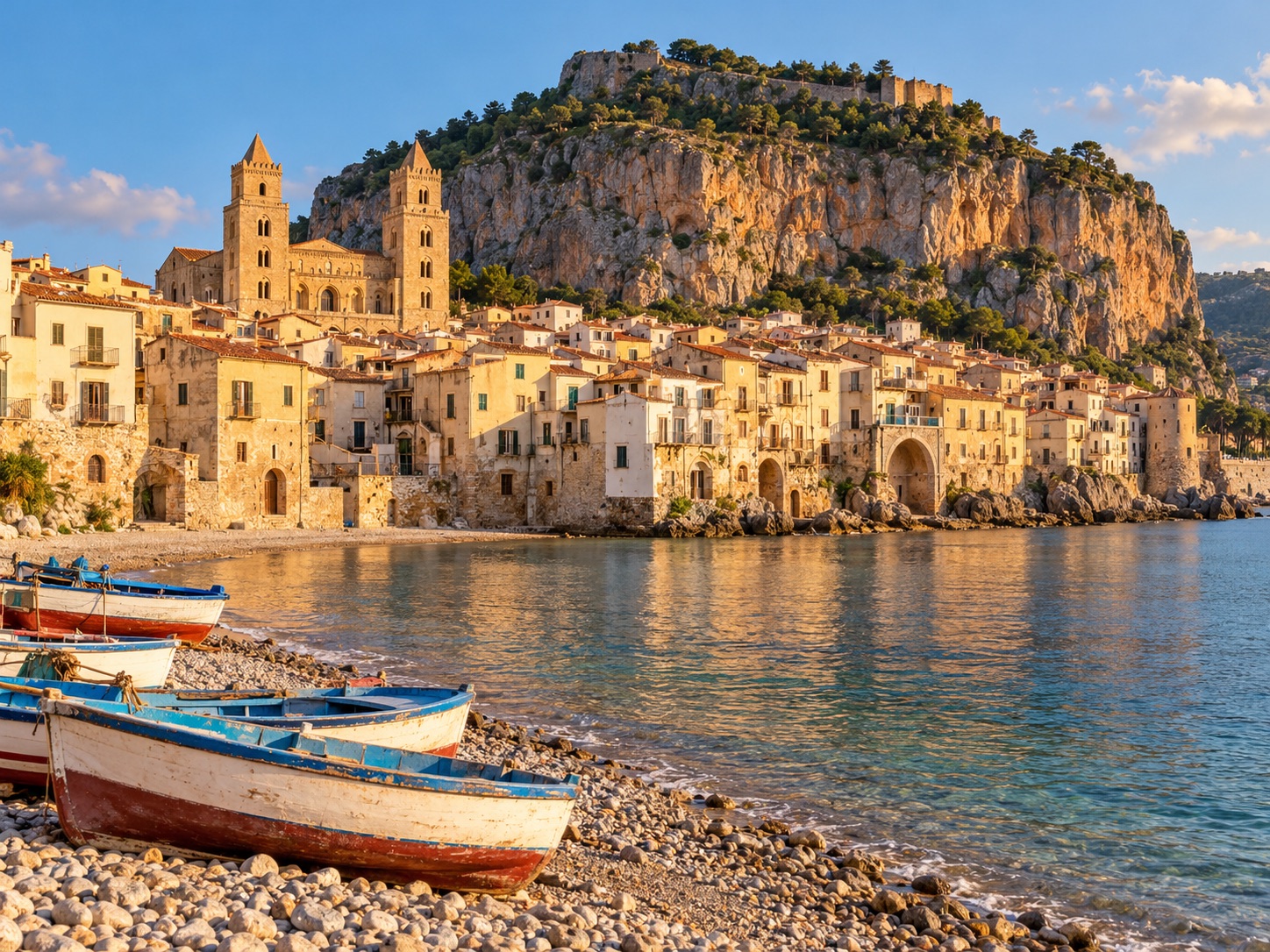 Cefalù dal mare, con la cattedrale e la Rocca