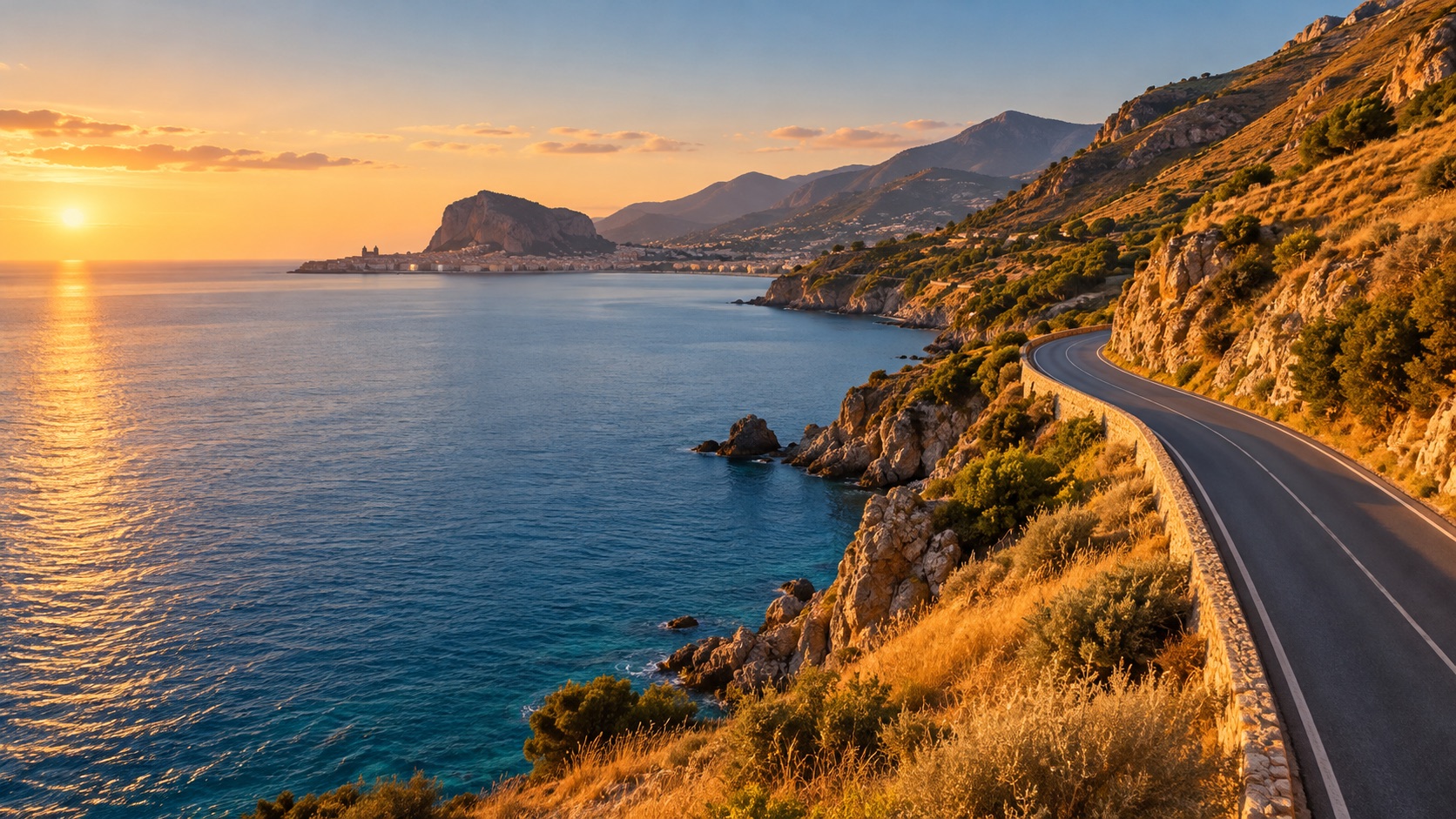 Strada costiera verso Cefalù al tramonto
